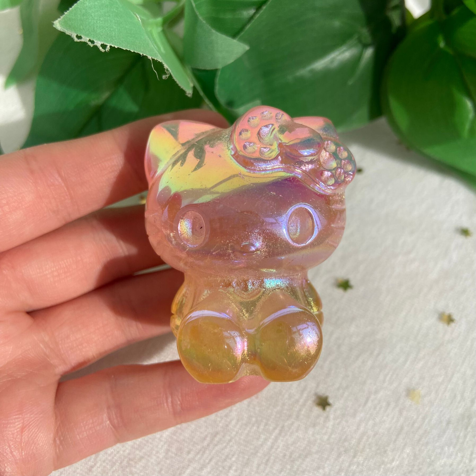 90g Pink Yellow Aura Clear Quartz Hello Kitty Cat Crystal Healing Art Decor