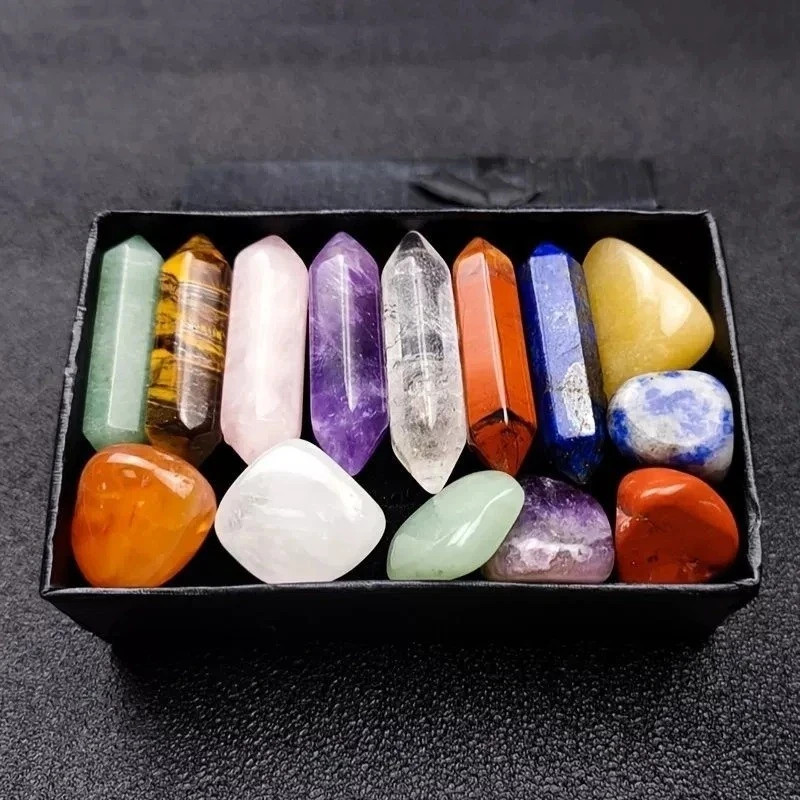14pcs Pointed Quartz Crystal Chakra Healing Stones and Crystals Set Hexagon Rose