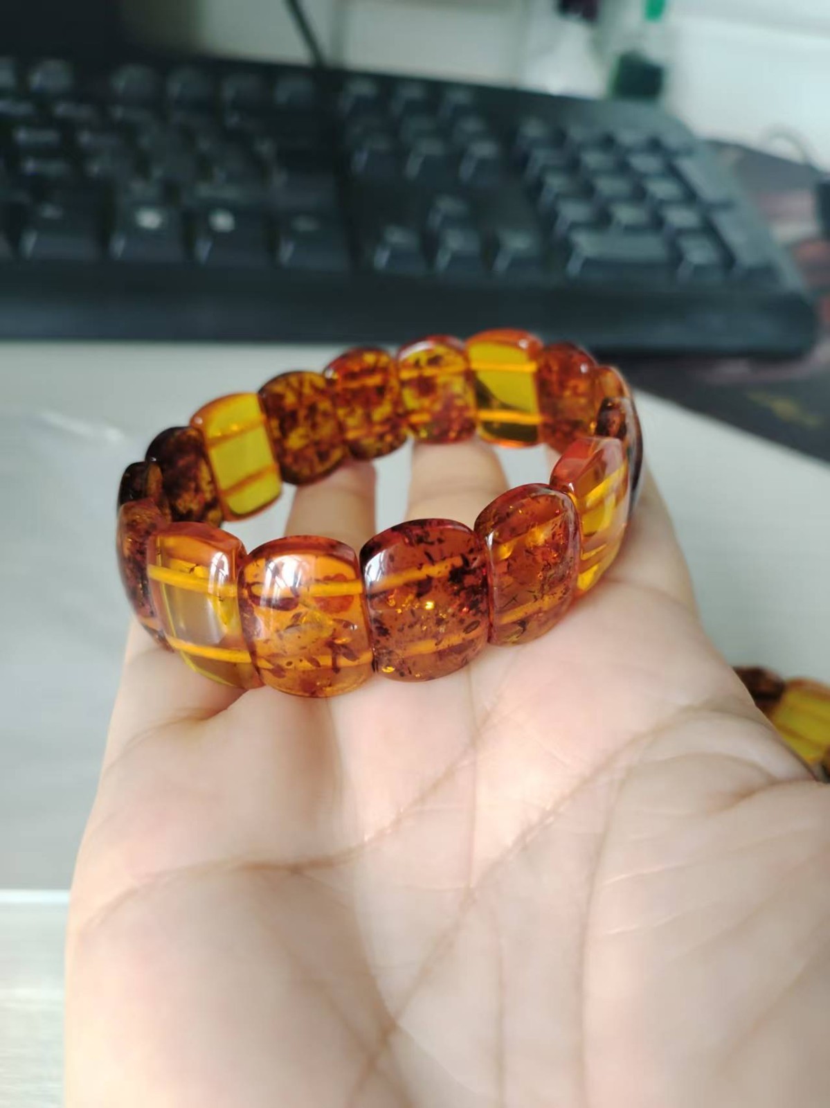 Genuine Natural Piebald Amber Gemstone Rectangle Crystal Beads Bracelet AAAA