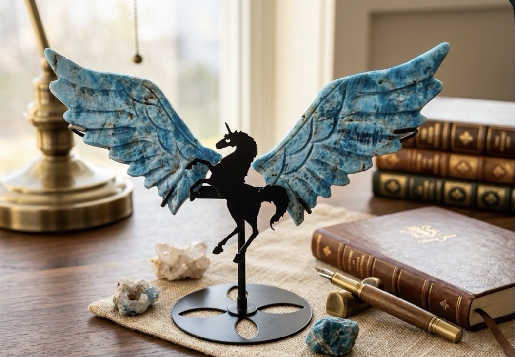 Blue Apatite Winged Horse Pegasus Crystal Carving Natural Gemstone Metal Stand
