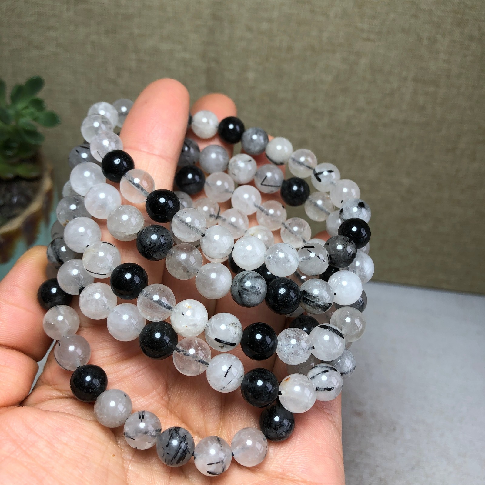 5pcs Natural black Tourmaline Crystal chain beads bracelet 7mm-8mm A4771