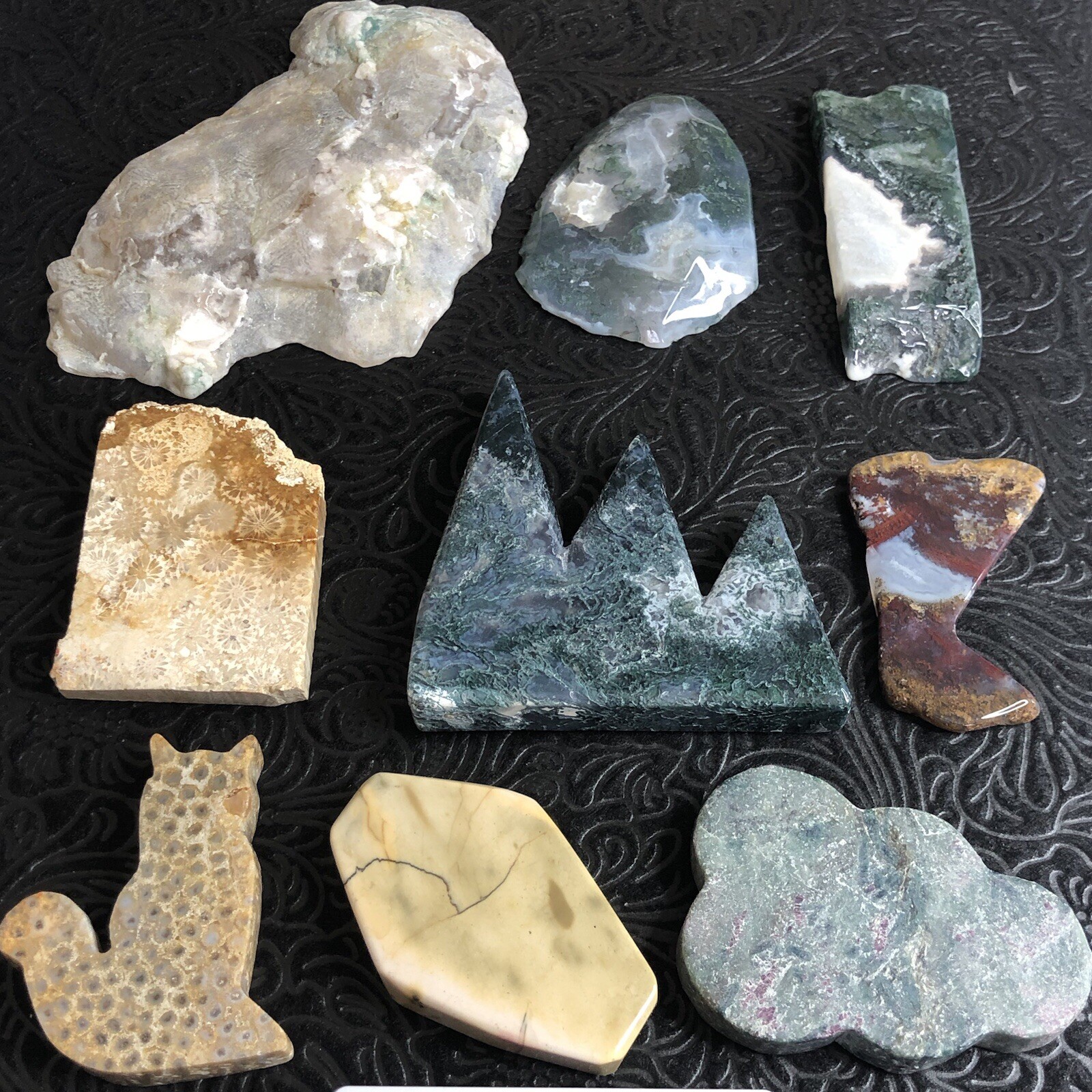 Lot of 10 Carved Stones Pink Flower Moss Agate Fossilized Coral Ruby Fuchsite