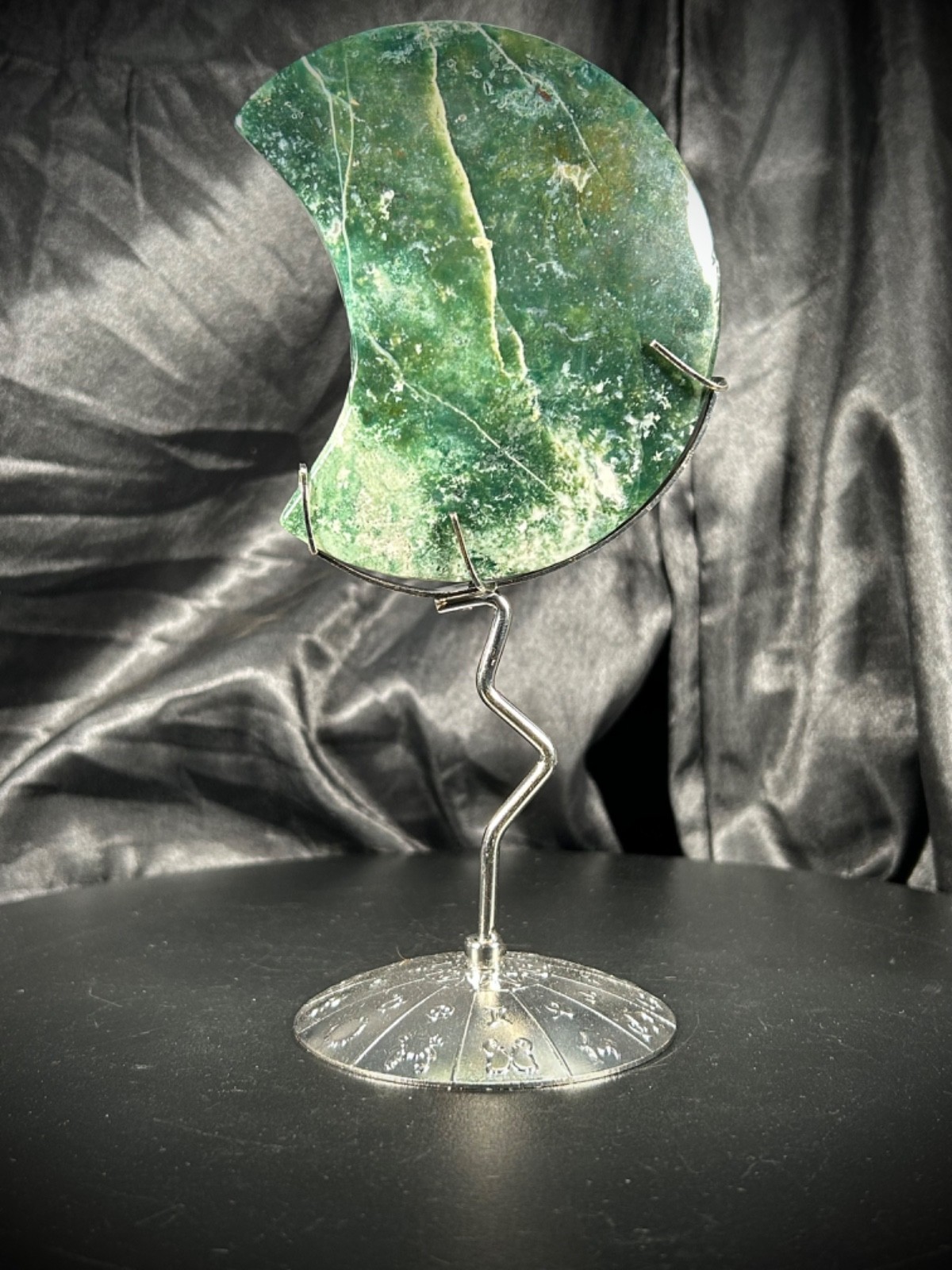 3.79″ Moss Agate Moon With Metal Stand 7.6oz (216 grams) Crystal Weight