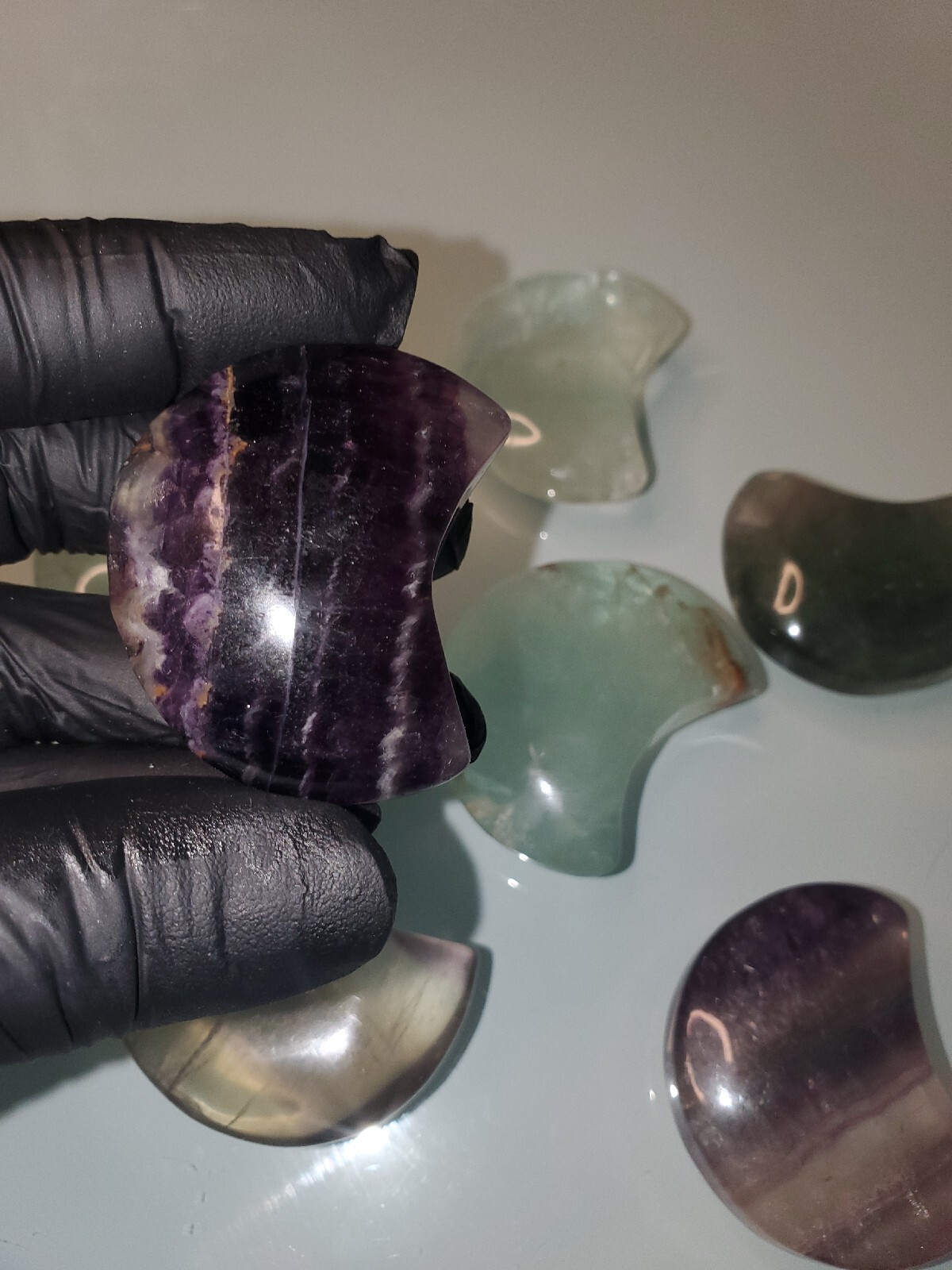 7pcs Natural Carved Flourite Moon crystal quartz specimen reiki healing Gift