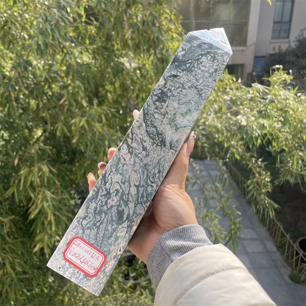 3.4LB 12.2″ Natural Moss Agate Obelisk Tower Crystal Quartz Point Mineral Reiki