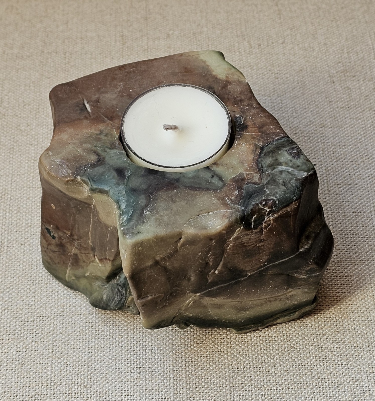 Natural Stone Tealight Candle Holder, Green, Brown