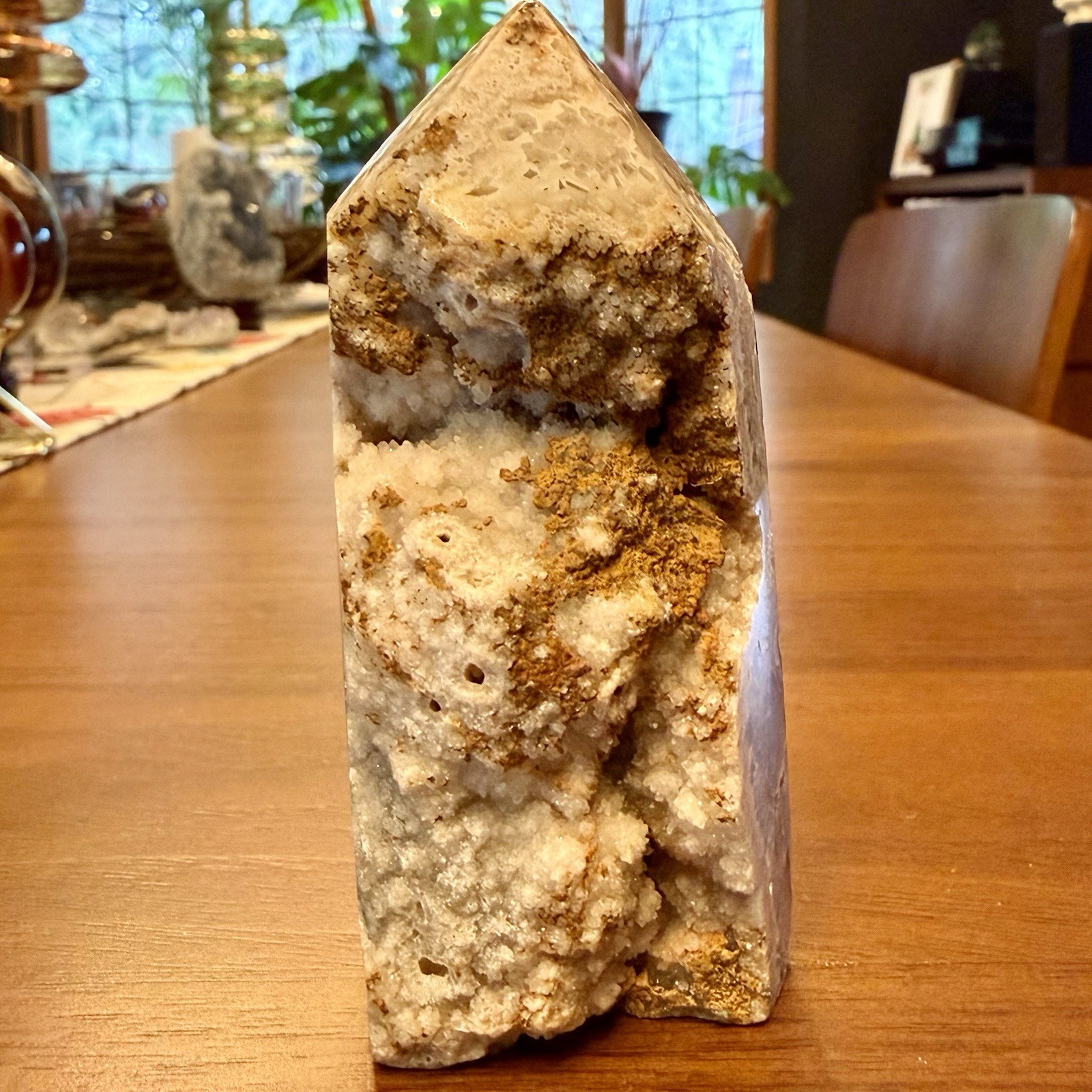 Half Polished Pink Amethyst Hexagonal Tower With Druzy