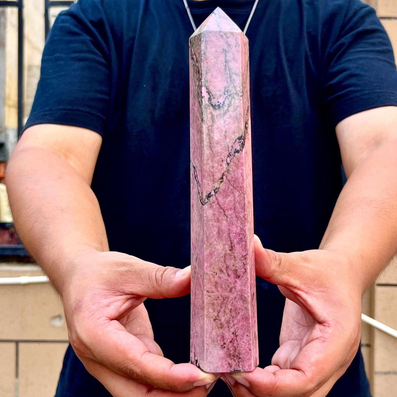 2.24LB High quality natural pink rose stone pointed pillar spiritual therapy