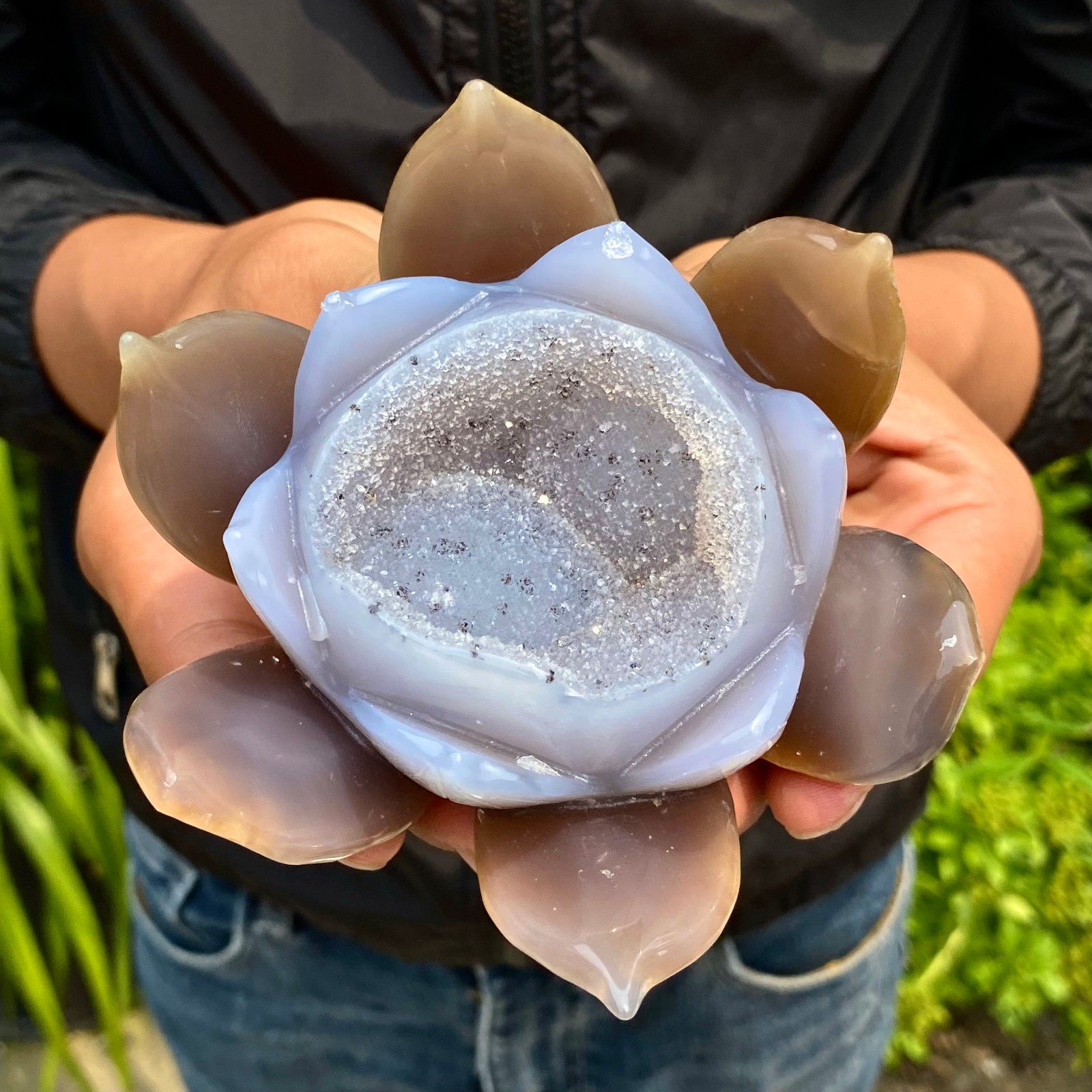 1.22LB Natural Agate Geode Carved Lotus Flower, Hand Carved Healing Crystal Home