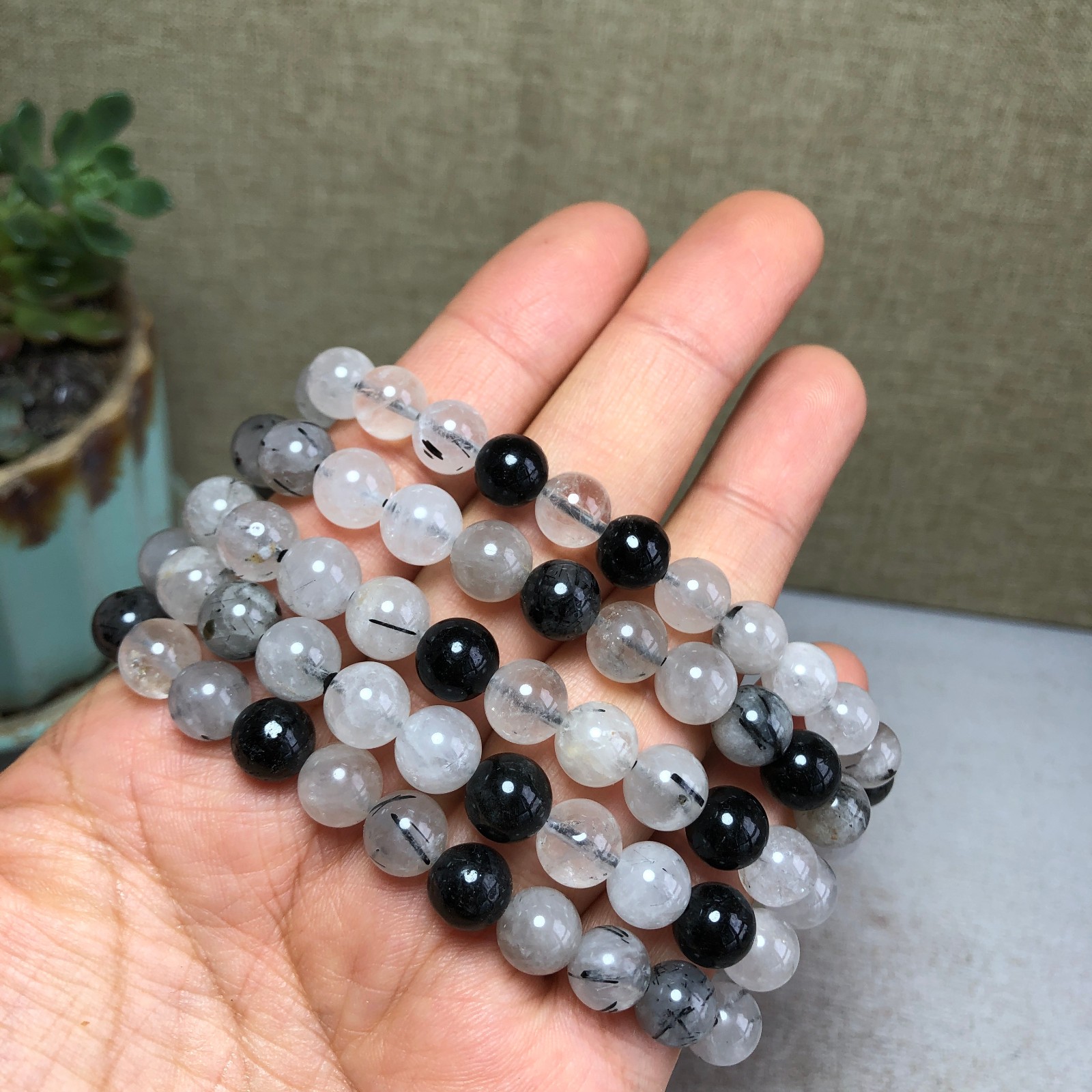 5pcs Natural black Tourmaline Crystal chain beads bracelet 7mm-8mm A4771