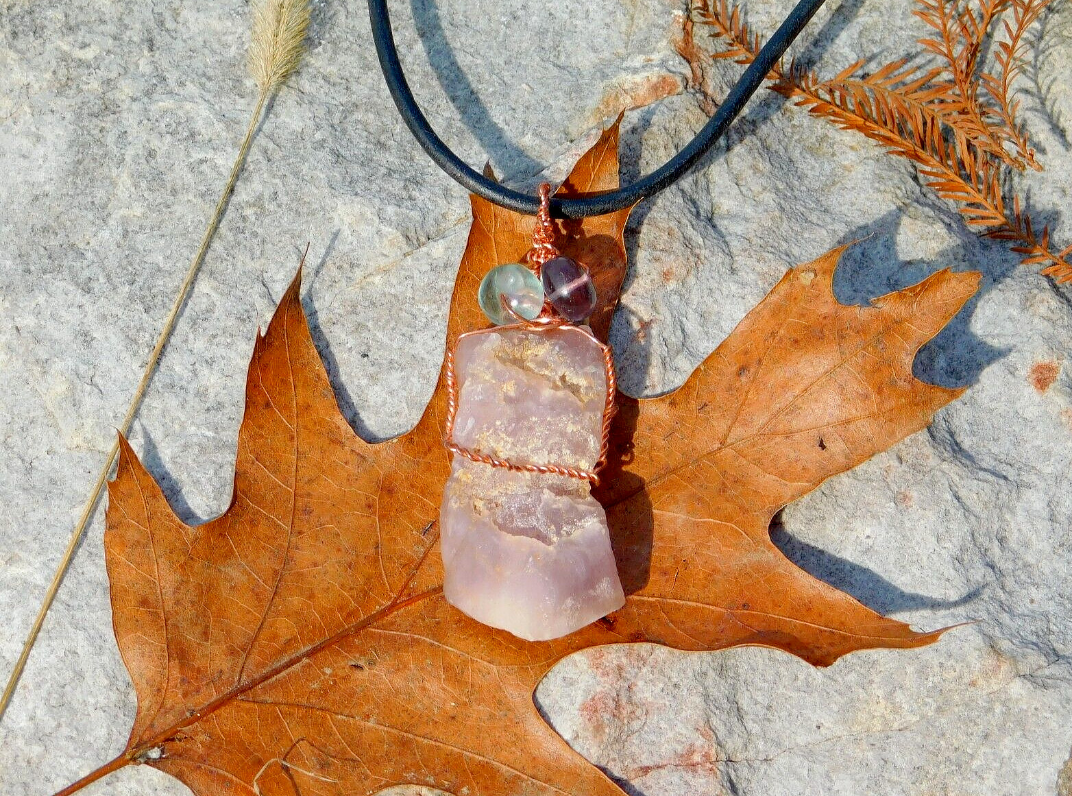 Purple Chalcedony Crystal with Fluorite Pendant Necklace Calming Energy Healing