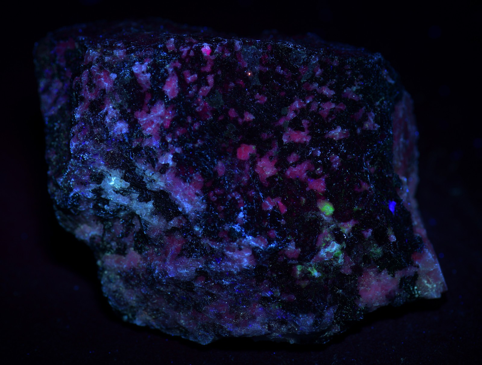 Eudialyte specimen with multiple other minerals UV. Kipawa, Canada. 435 grams.