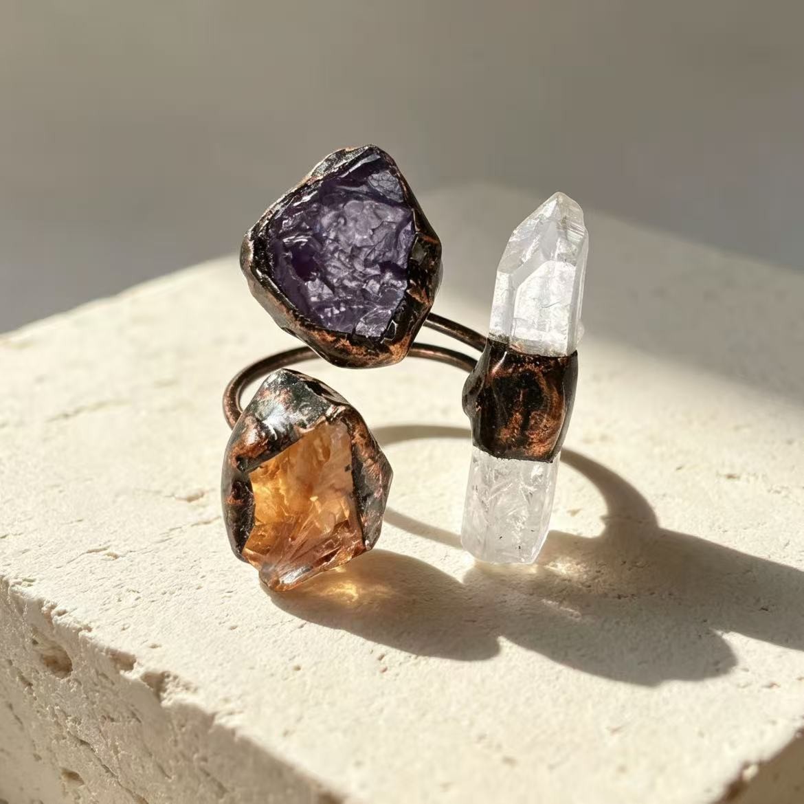 Natural Stone Finger Rings Quartz Adjustable Designer Cocktail Ring