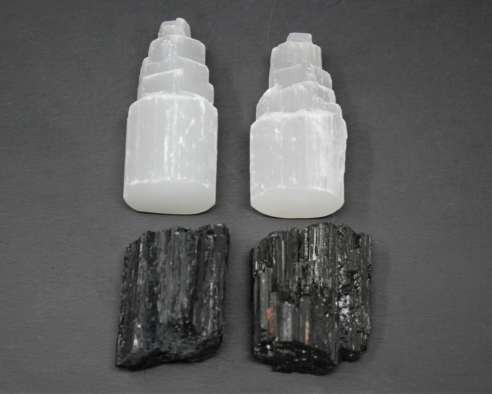 2 Selenite Towers & 2 Extra Grade Black Tourmaline Logs: Home Protection Kit