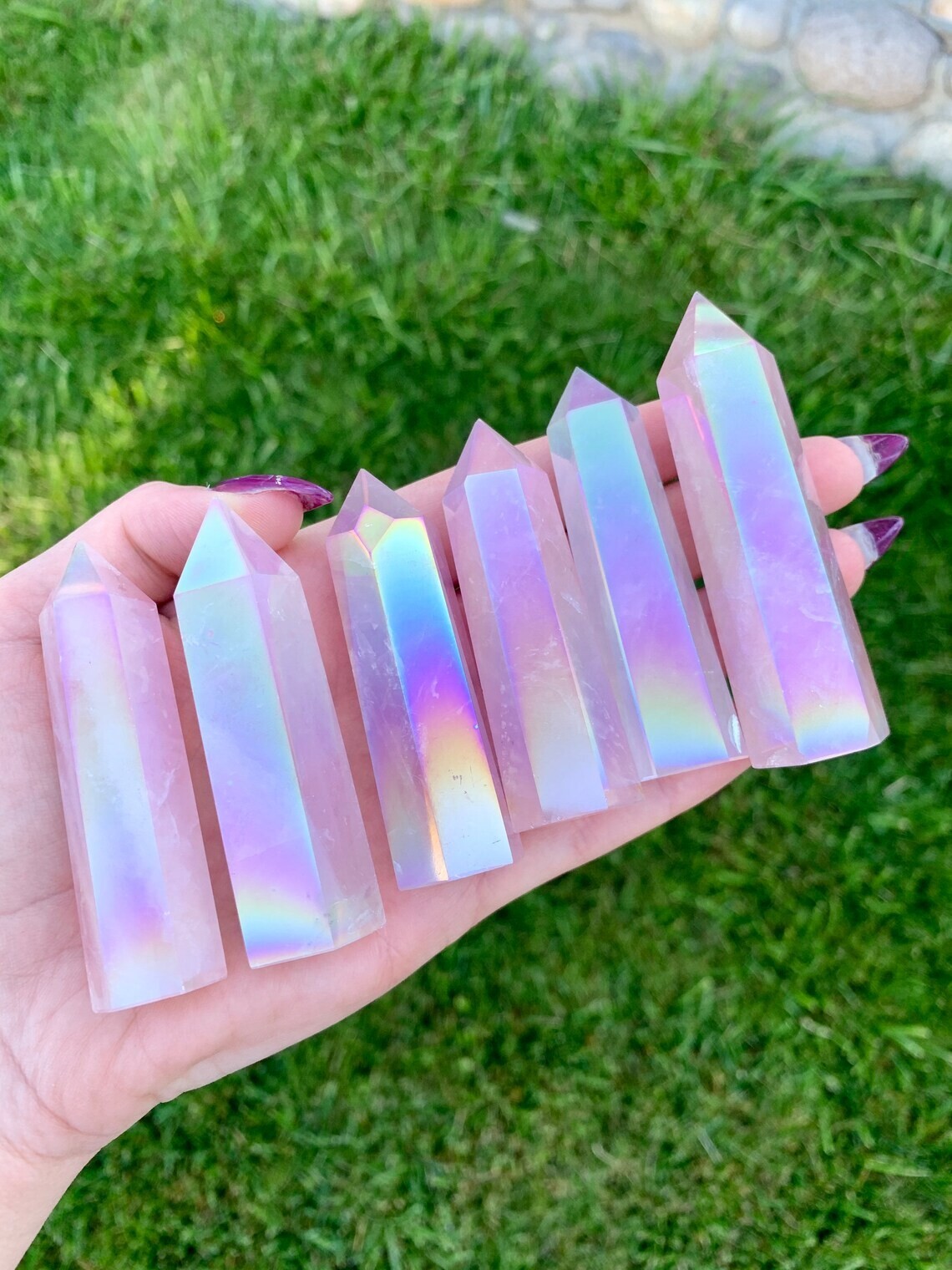 3 inch Angel Aura Rose Quartz Stone Tower Rainbow Crystal Point Obelisk Wand