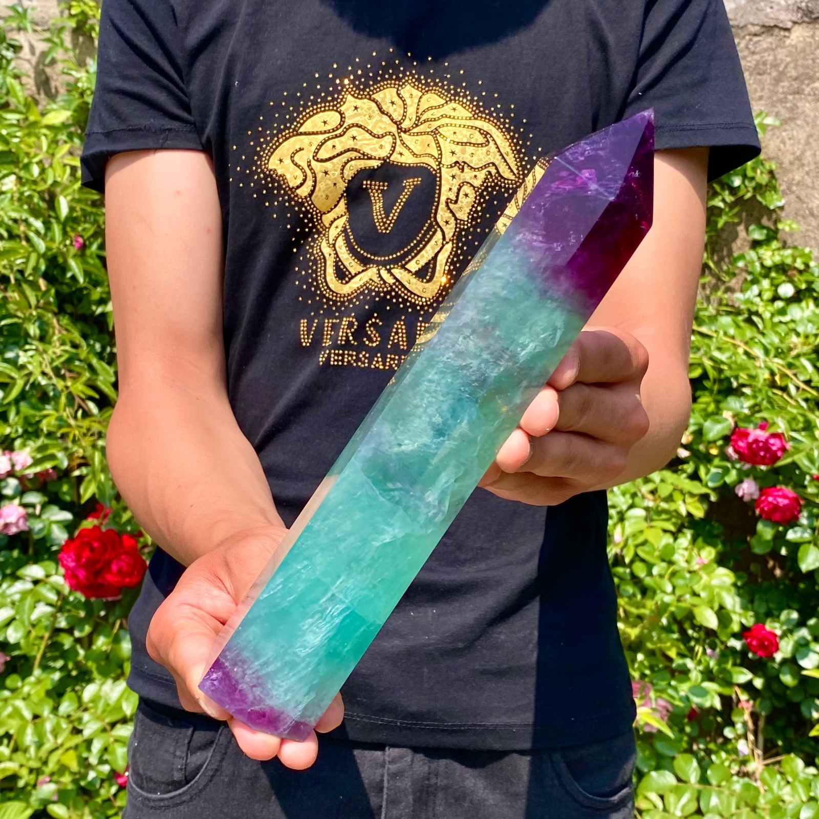 2.9LB Natural rainbow fluorite obelisk quartz crystal wand point Gem Healing