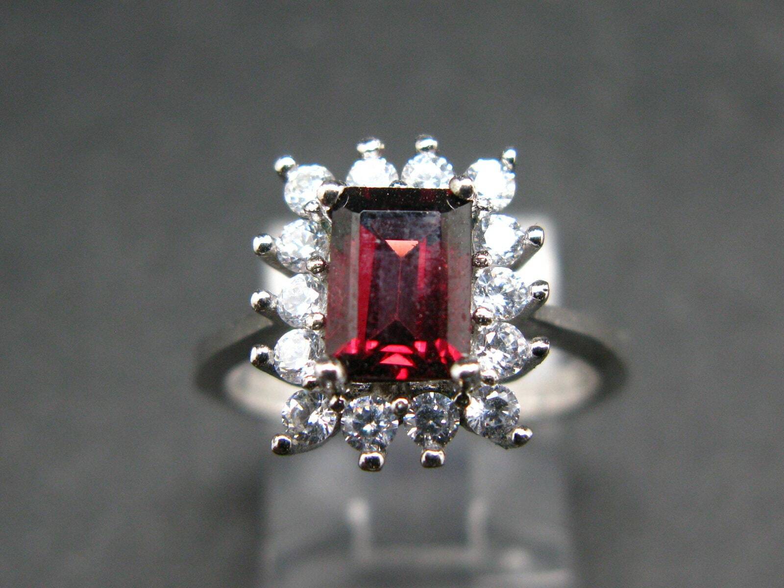 Red Garnet Rhodium Plated Sterling Silver Ring with CZ – Size 6.5