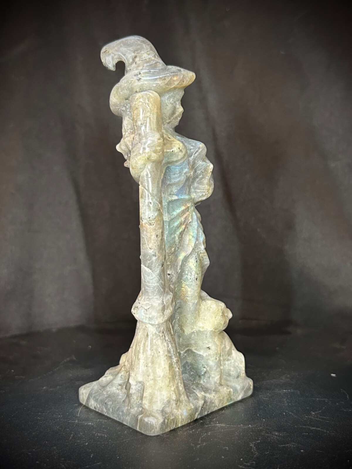 6″ Low Flash Gray Labradorite Witch, Broom, And Cat Carving 11.4oz