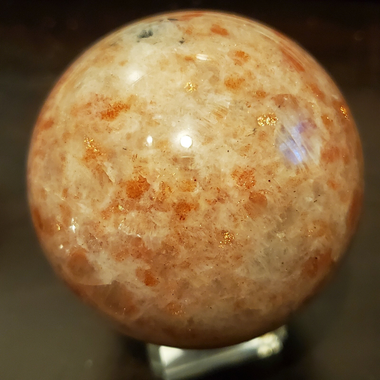 Sunstone with Blue Flash Moonstone Crystal Sphere Ball Orb 58.7mm 270g