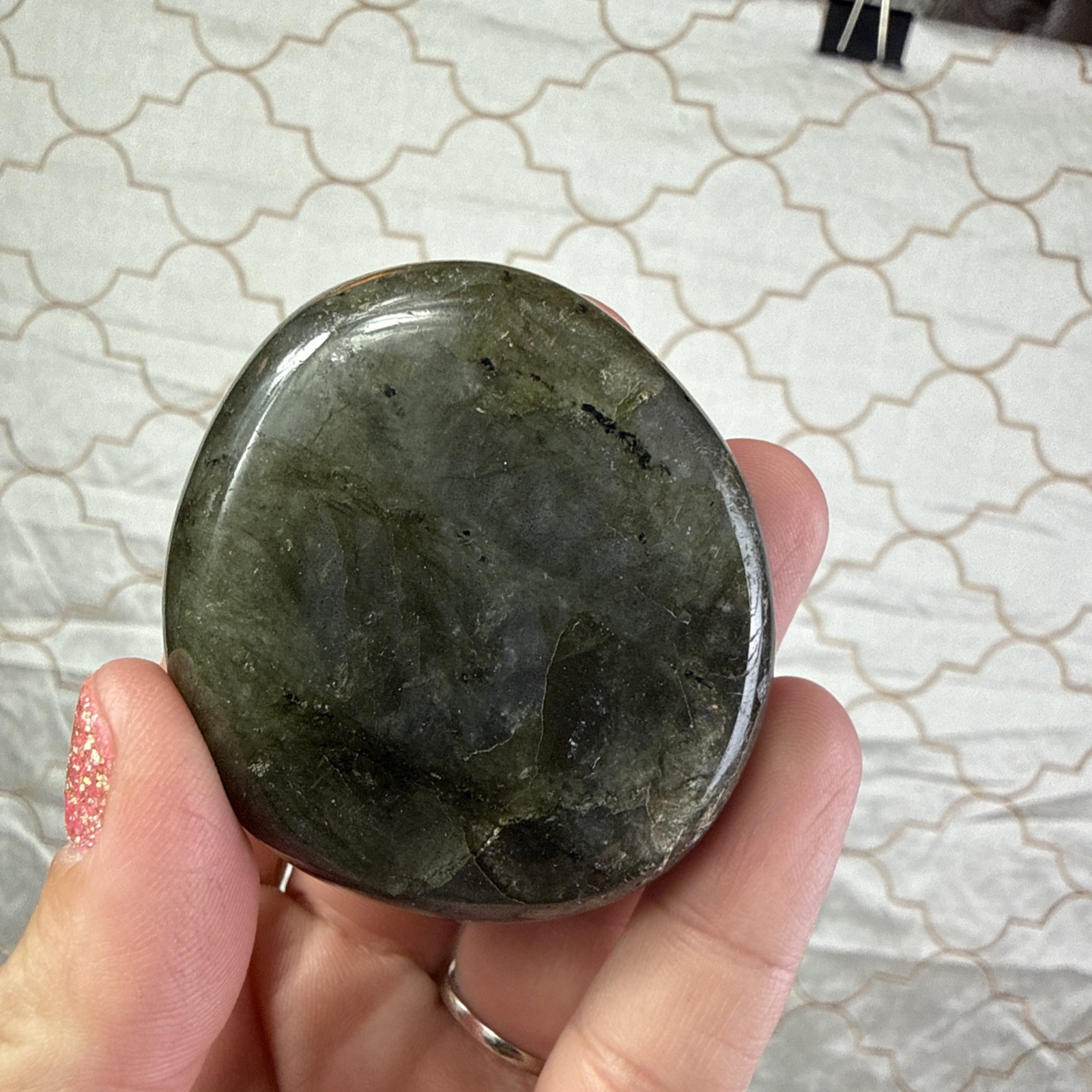 Rainbow Moonstone, Labradorite Palm Stone Polished 2” 108g Gray Green Iridescent