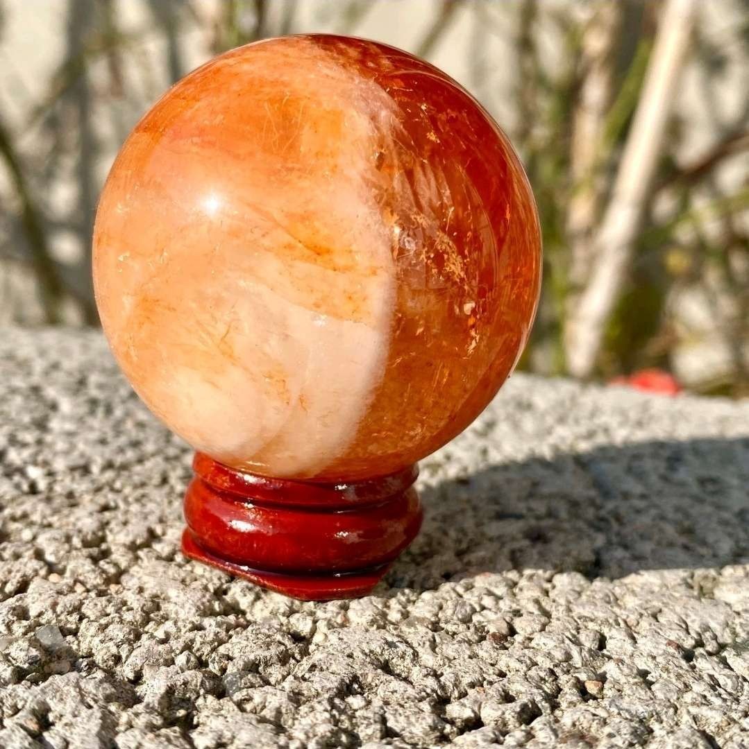 124G Natural Red Fire Quartz Crystal Stone Sphere 44mm With Stand