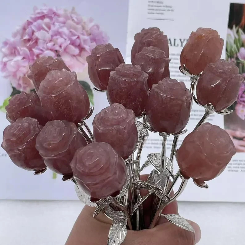 Natural Hand Carved StrawberRose Quartz Crystal,Rose flower Home Decor Gift 1pc