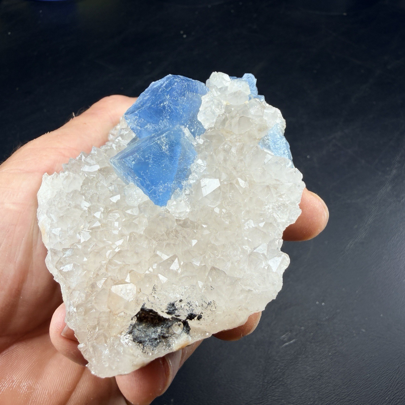 Blue Fluorite Crystals on Quartz Crystal Cluster / New Mexico *VIDEO*