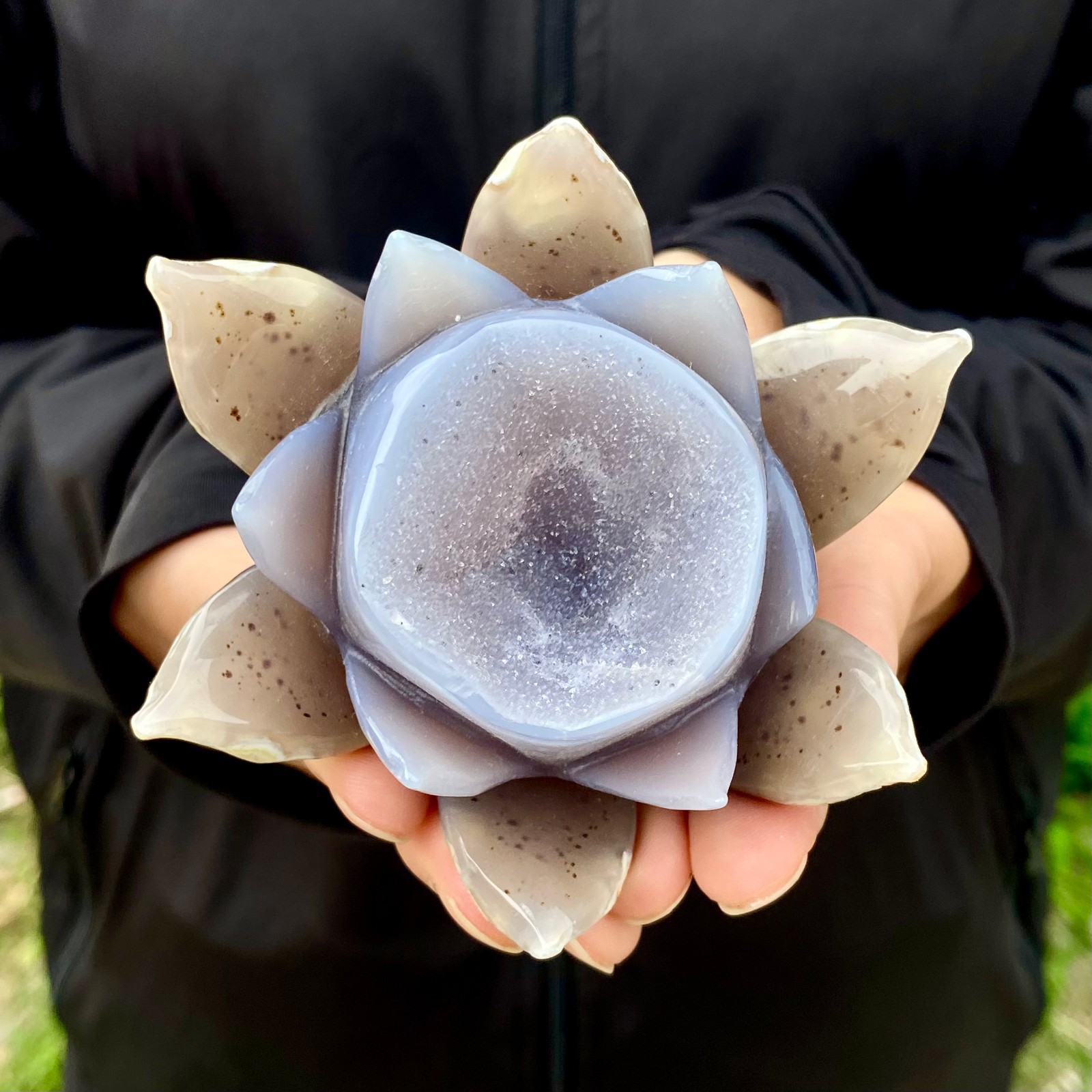 306G Natural Agate Geode Carved Lotus Flower, Hand Carved Healing Crystal Home