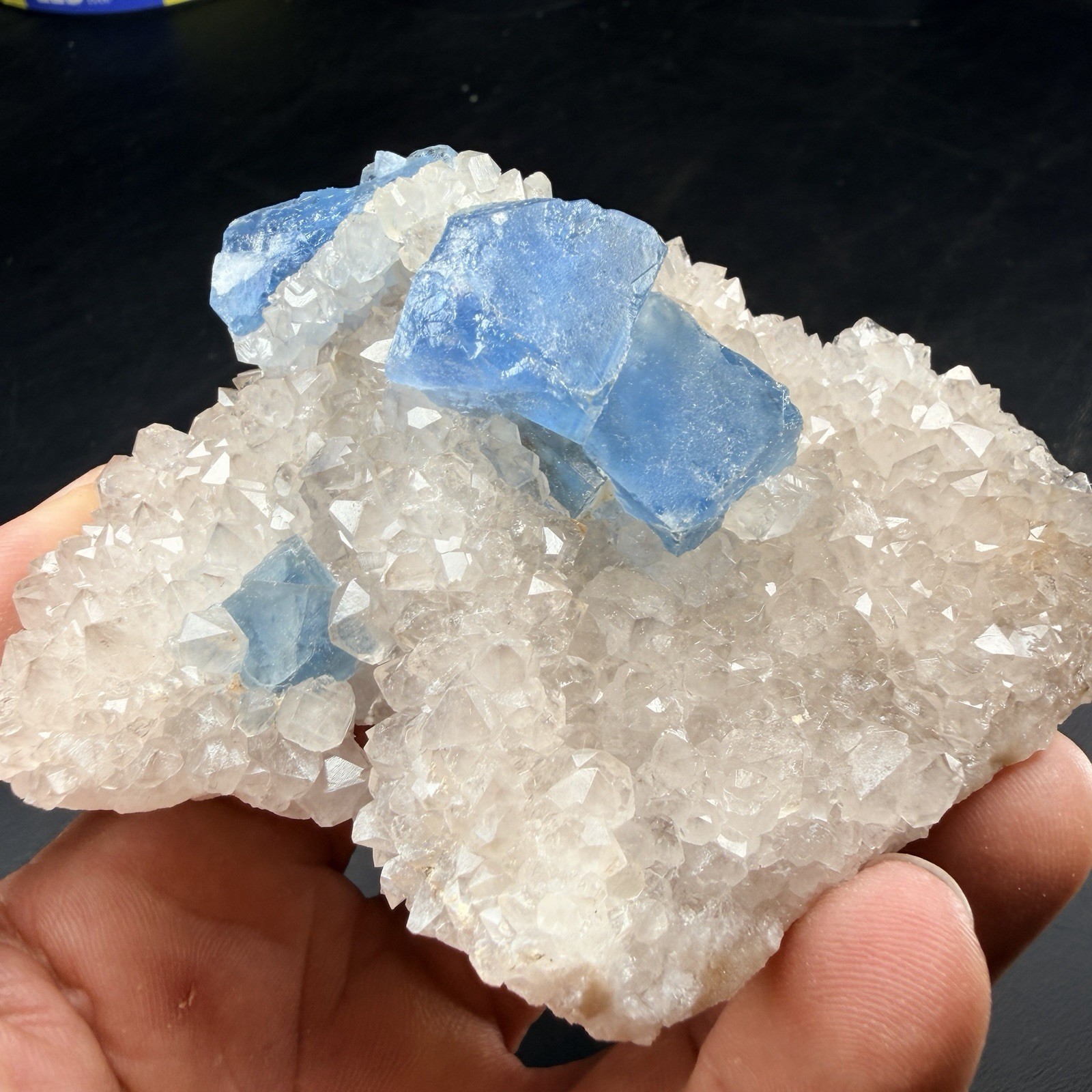 Blue Fluorite Crystals on Quartz Crystal Cluster / New Mexico *VIDEO*