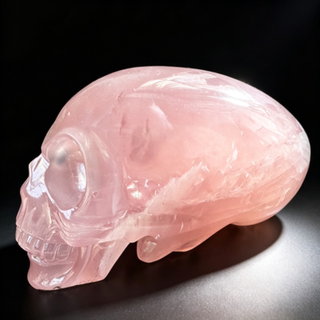 7in Artisan Carved Natural Rose Quartz Alien Skull for Energy Healing, Home Deco