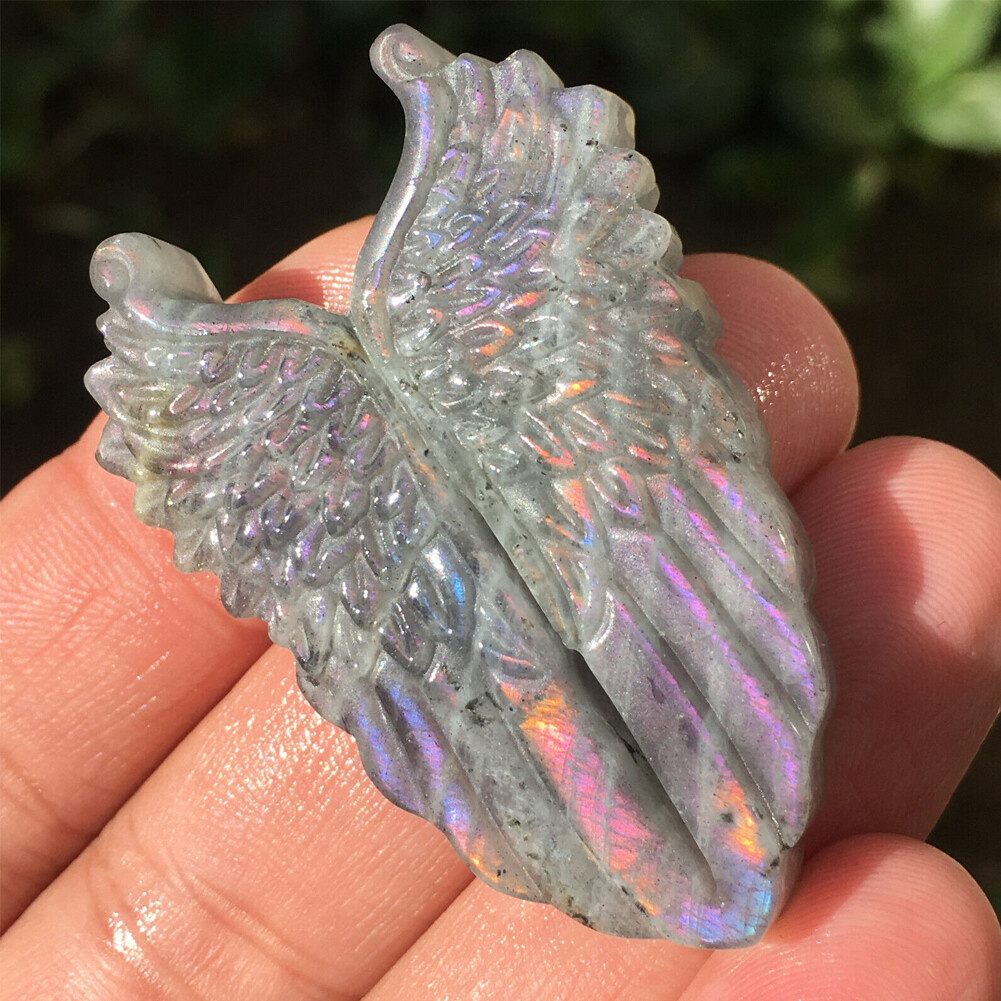 1PCS Natural Purple Labradorite Quartz Hand carved Wing Crystal Reiki healing##