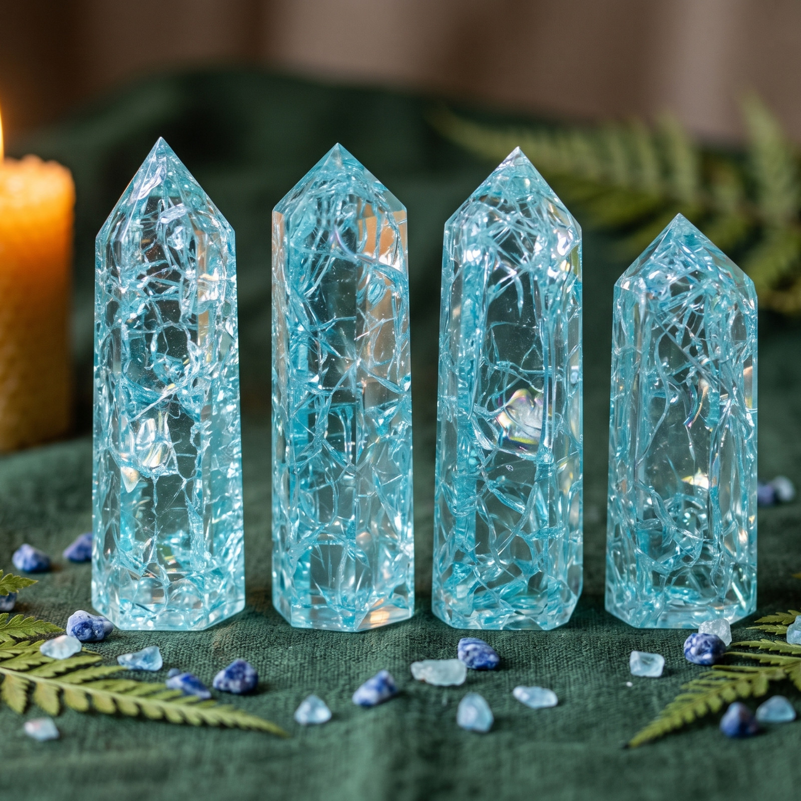 Natural Blue Crackle Glass Crystal Obelisk Tower 8-9cm Home Altar EMF Protection