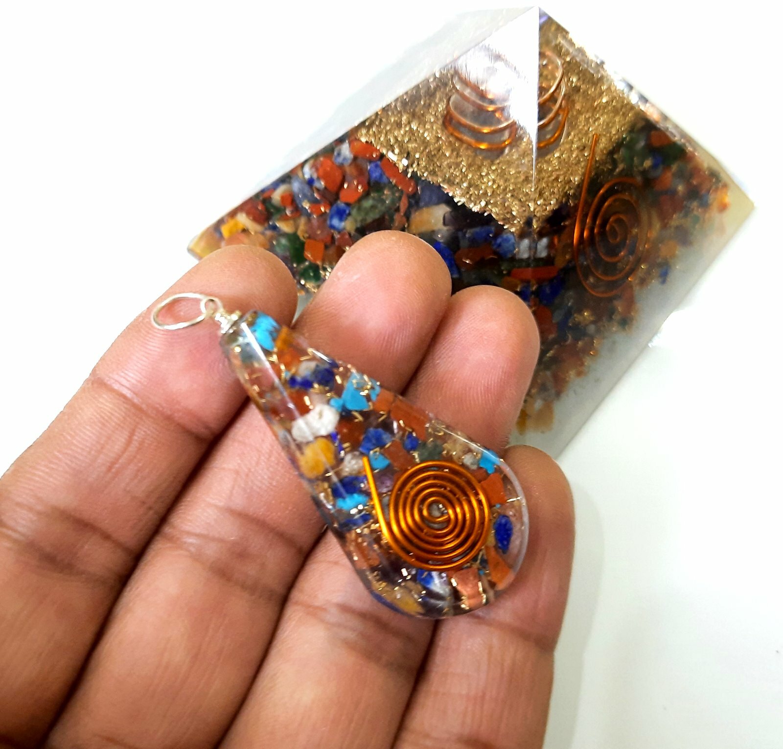 7 Chakra Combo of Healing Crystal Orgone Pyramid & Orgone Pendant Reiki Chakra