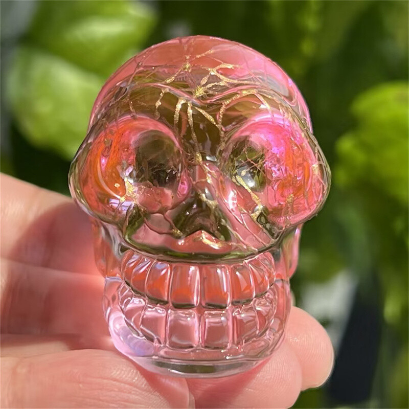 2″ titanium Pink aura smelting quartz skull crystal hand Carved Figurines 1pc