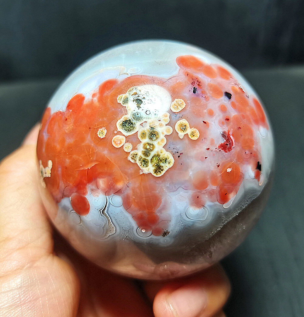 RARE 470g Natural Brazil Colorful Red Agate Stone Ball Healing R984