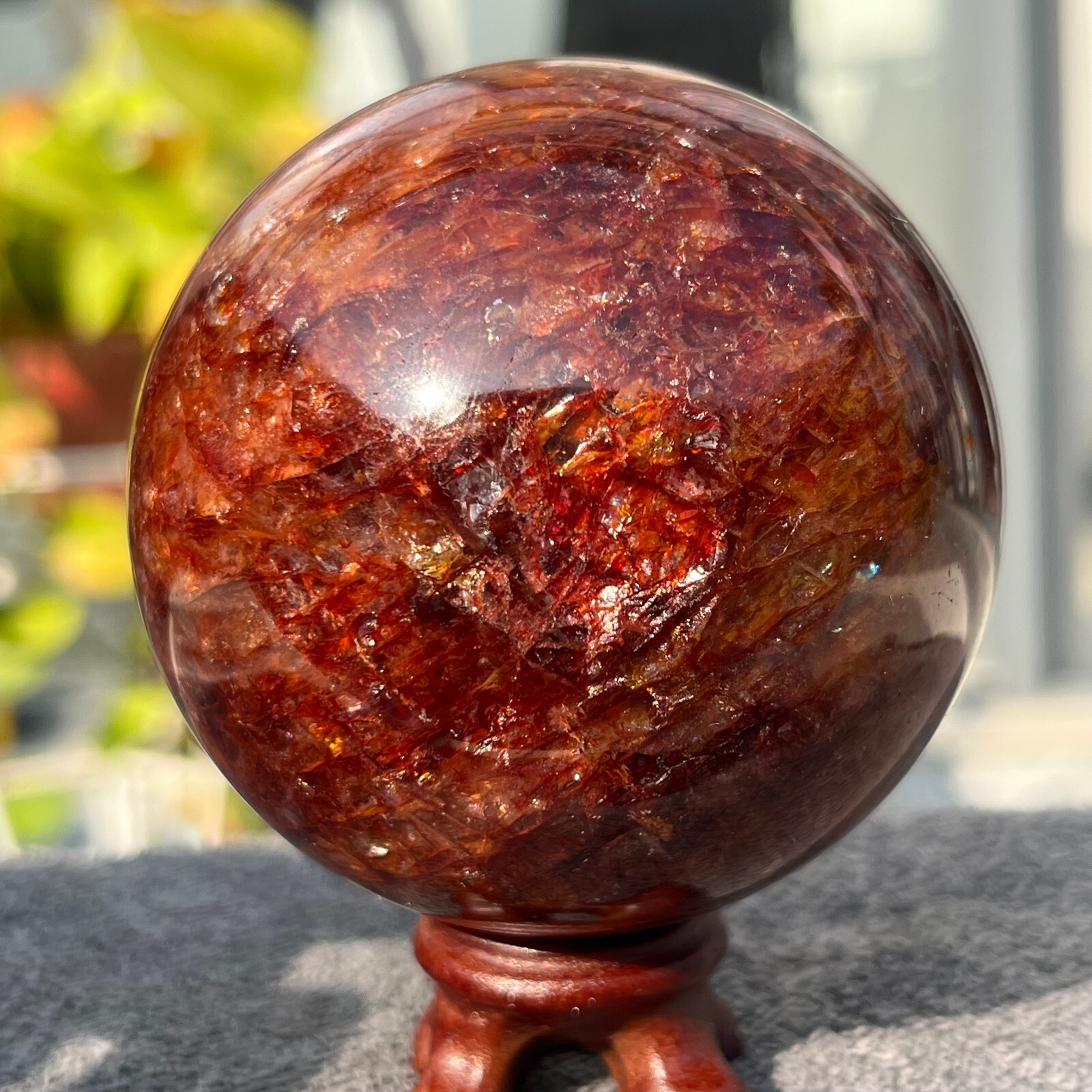 479g Natural Dark Red Phantom Hematoid Quartz Crystal Sphere Ball Healing