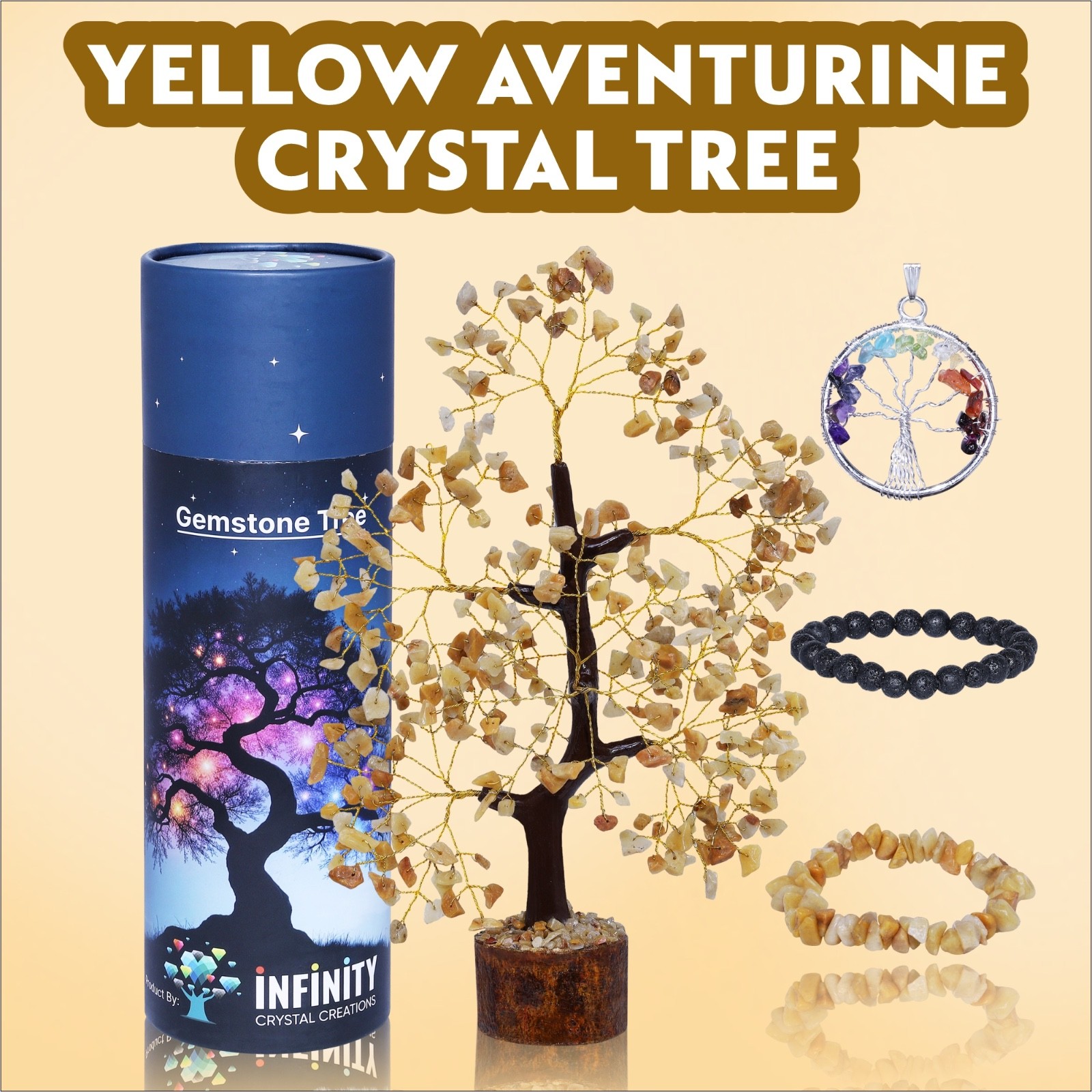 Yellow Aventurine Crystal Tree Set 300 Beads Golden Wire Bracelets & Pendant Kit