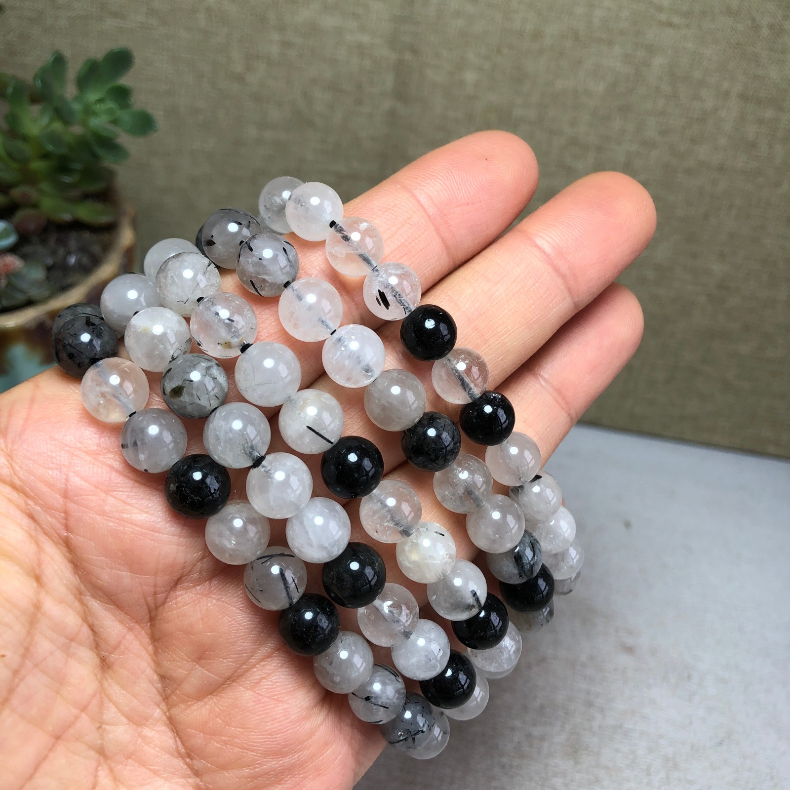 5pcs Natural black Tourmaline Crystal chain beads bracelet 7mm-8mm A4771