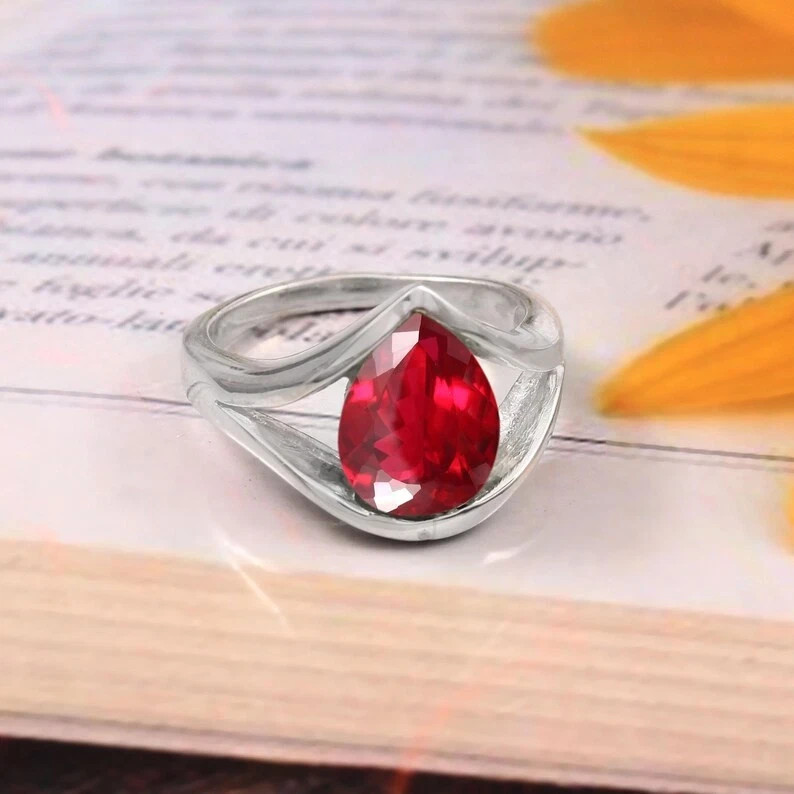 8 Ct Natural Red Ruby Pear Shape Certified Ring In 925 Sterling Silver All Sizes