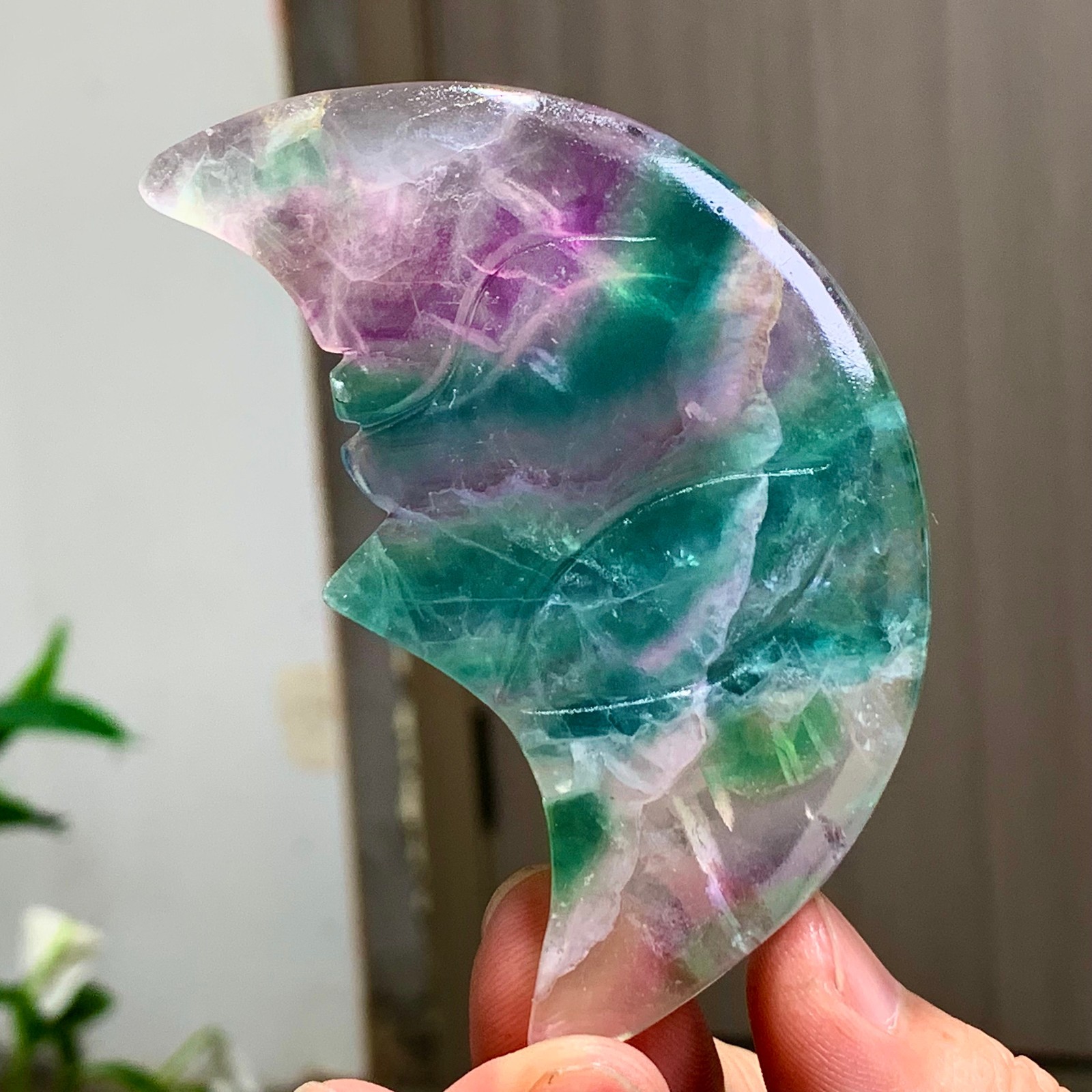 65G Rare colored fluorite crystal, hand carved moon mineral, polished
