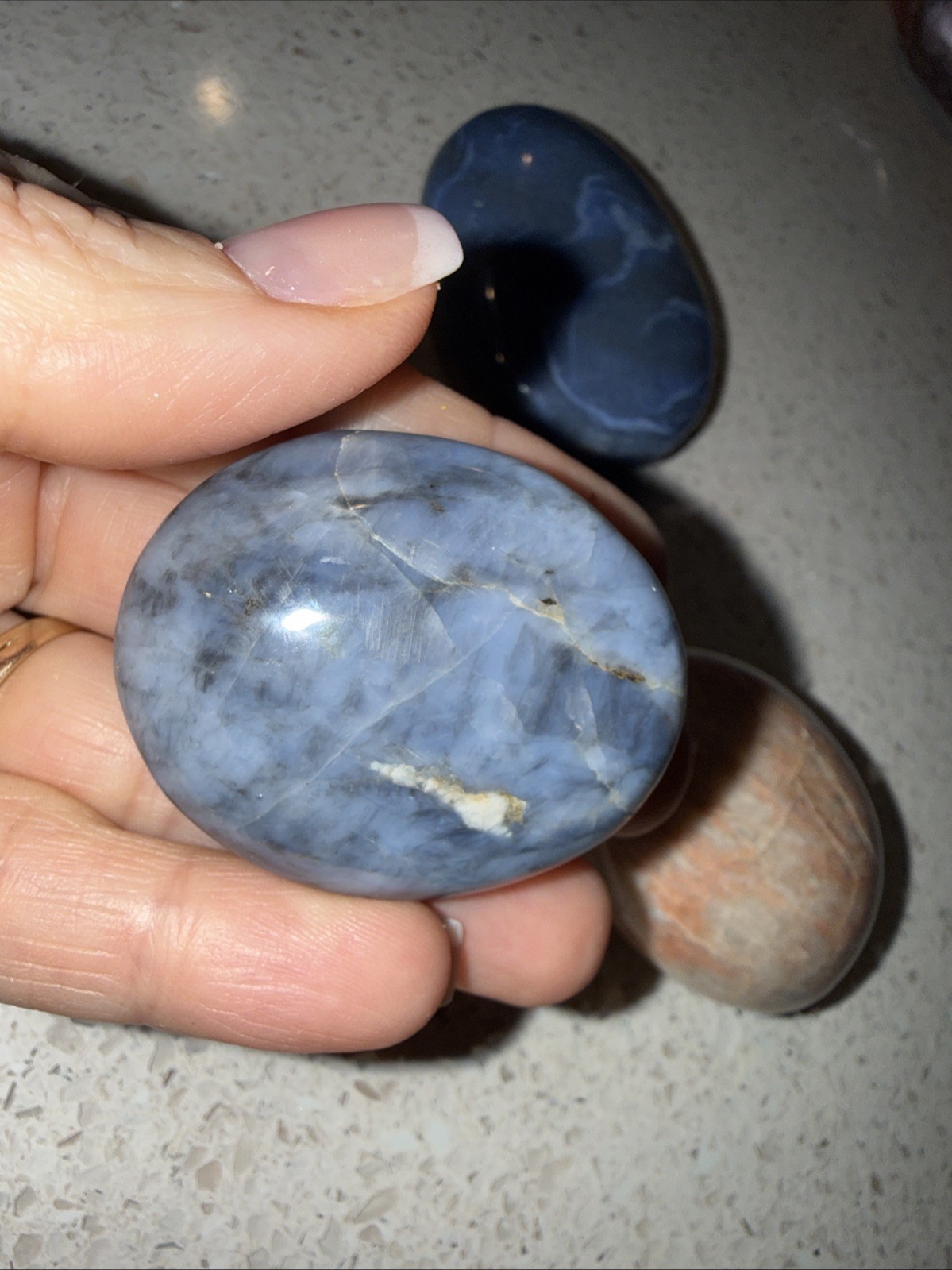 Lot Of 3 Oval Round Shaped Marble Type Stones Gray Blue Tan Orange-