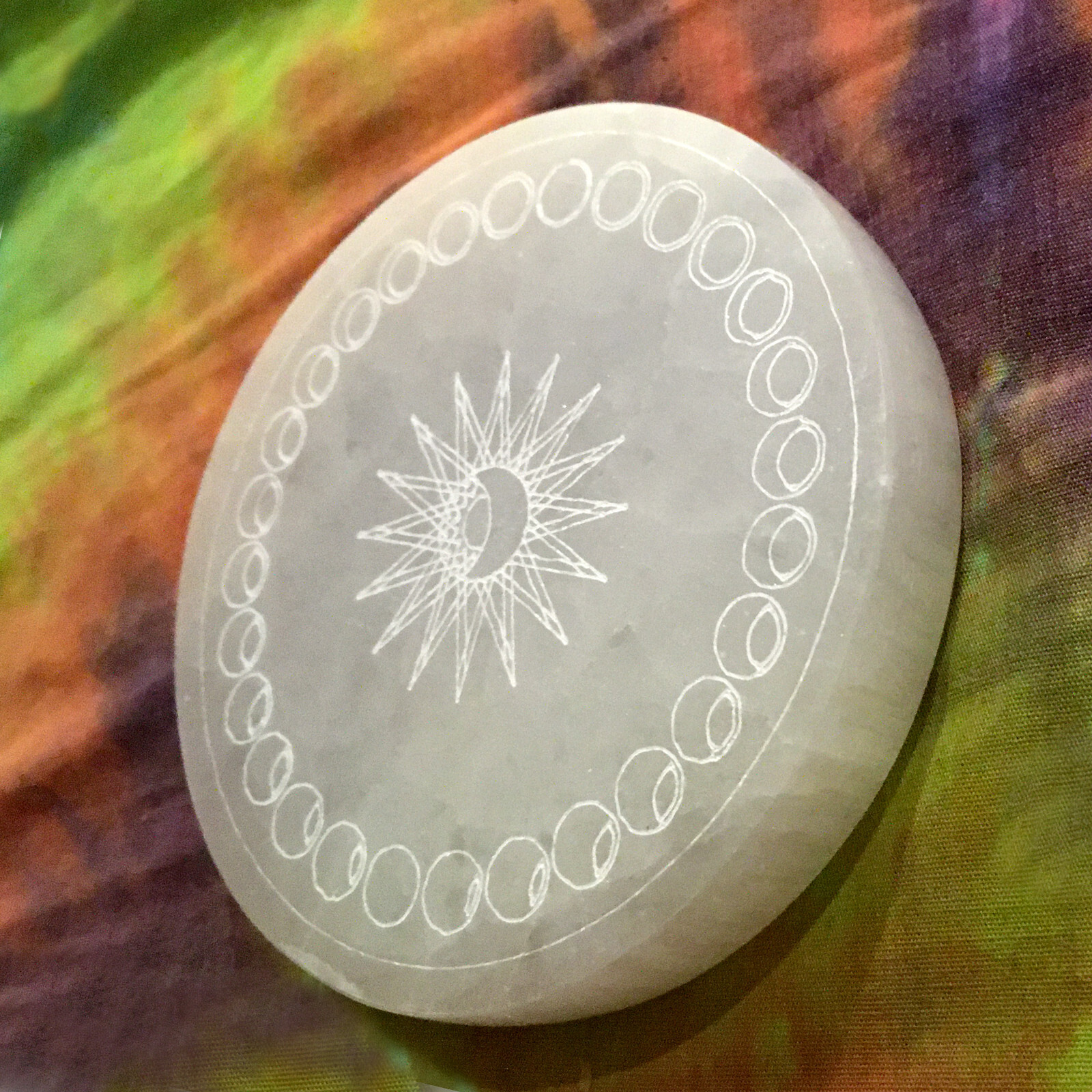 Selenite Crystal Charging Plate 4″ Moon Phases Engraved Circle Disc Reiki Energy