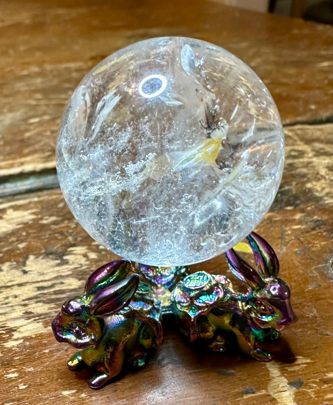 Clear quartz crystal sphere many rainbows with metal bunny stand Free shipping