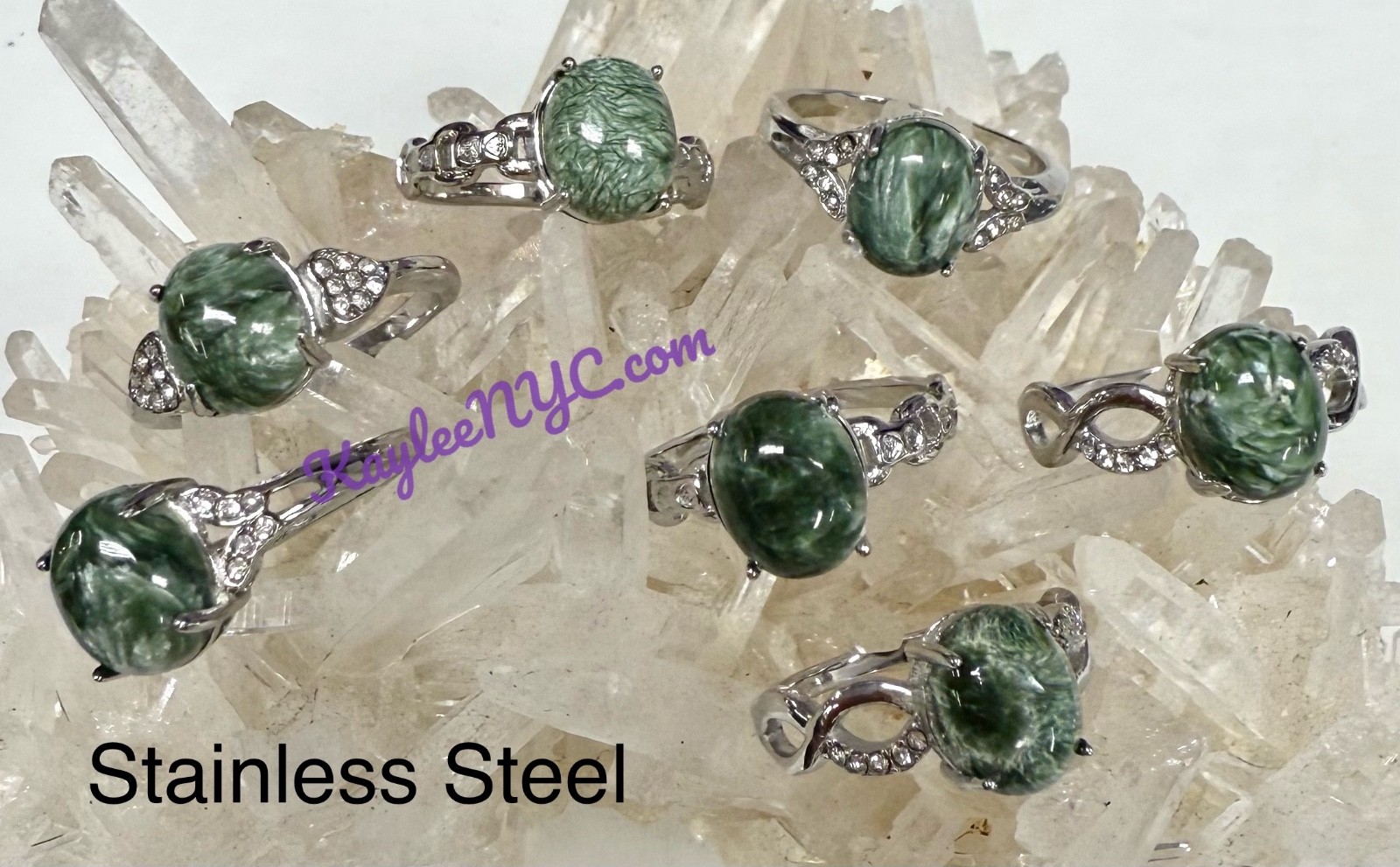Wholesale 7 Pcs Natural Seraphinite Stainless Steel(316) Rings Crystal 8x10mm
