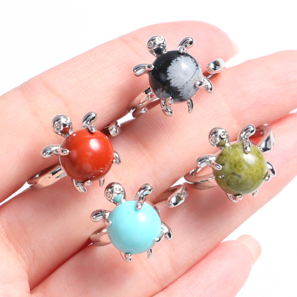Mini Turtle Ring Natural Crystal Stone Chakra Quartz Round Bead Healing Reiki