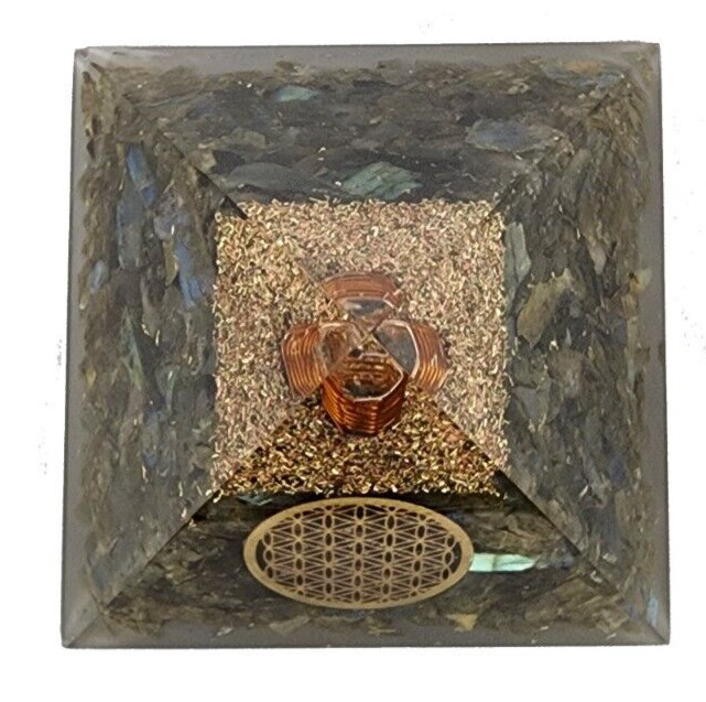 Labradorite Orgone Pyramid – Tree of Life Decal – Copper Coil & Bits – Healing