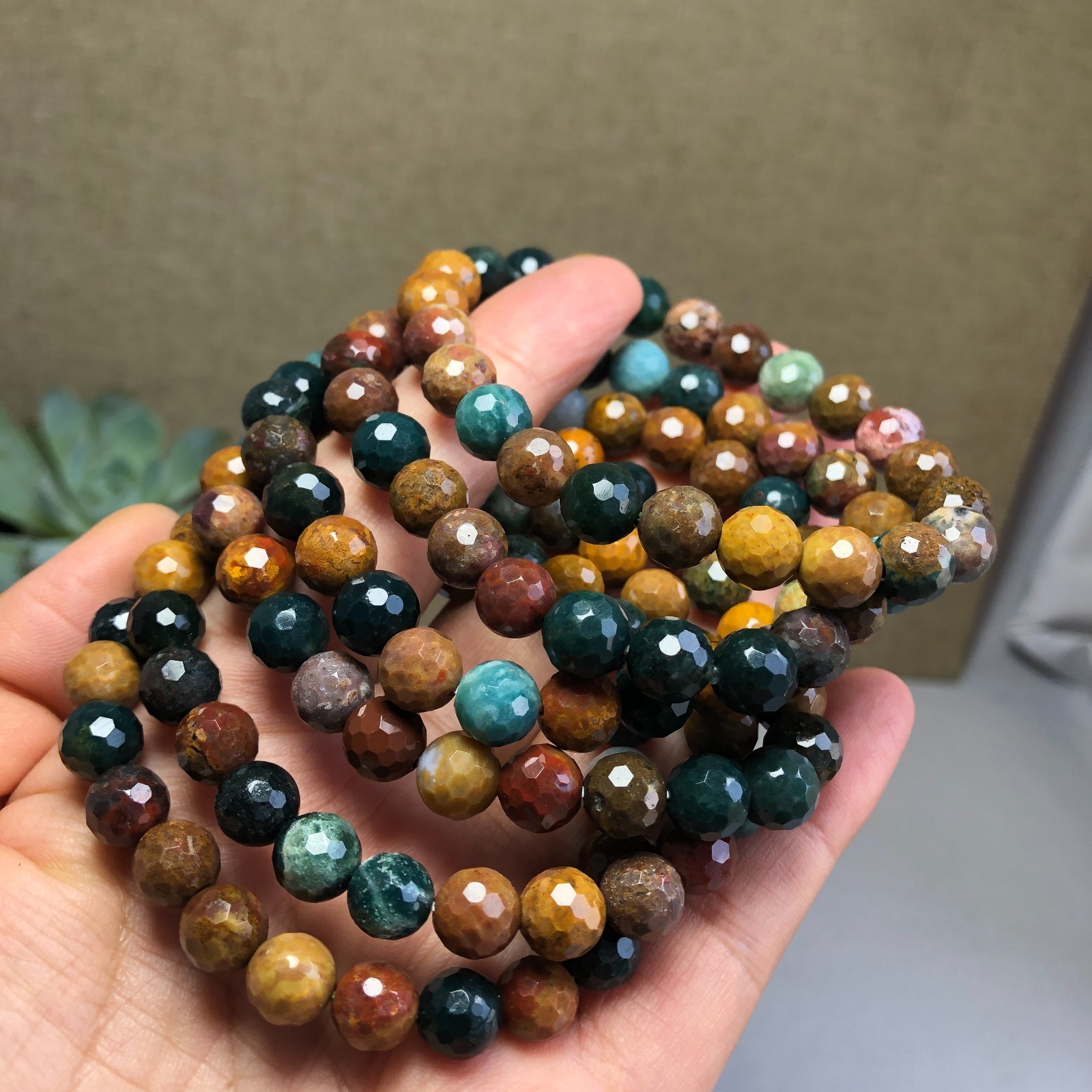 5Pcs Wholesal Natural Ocean Jasper bracelets Crystal ball sphere facet 8mm