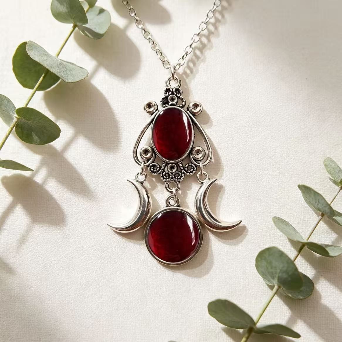 Triple Moon Goddess Necklace Red Amethyst Crystal Pendant Necklace Jewelry