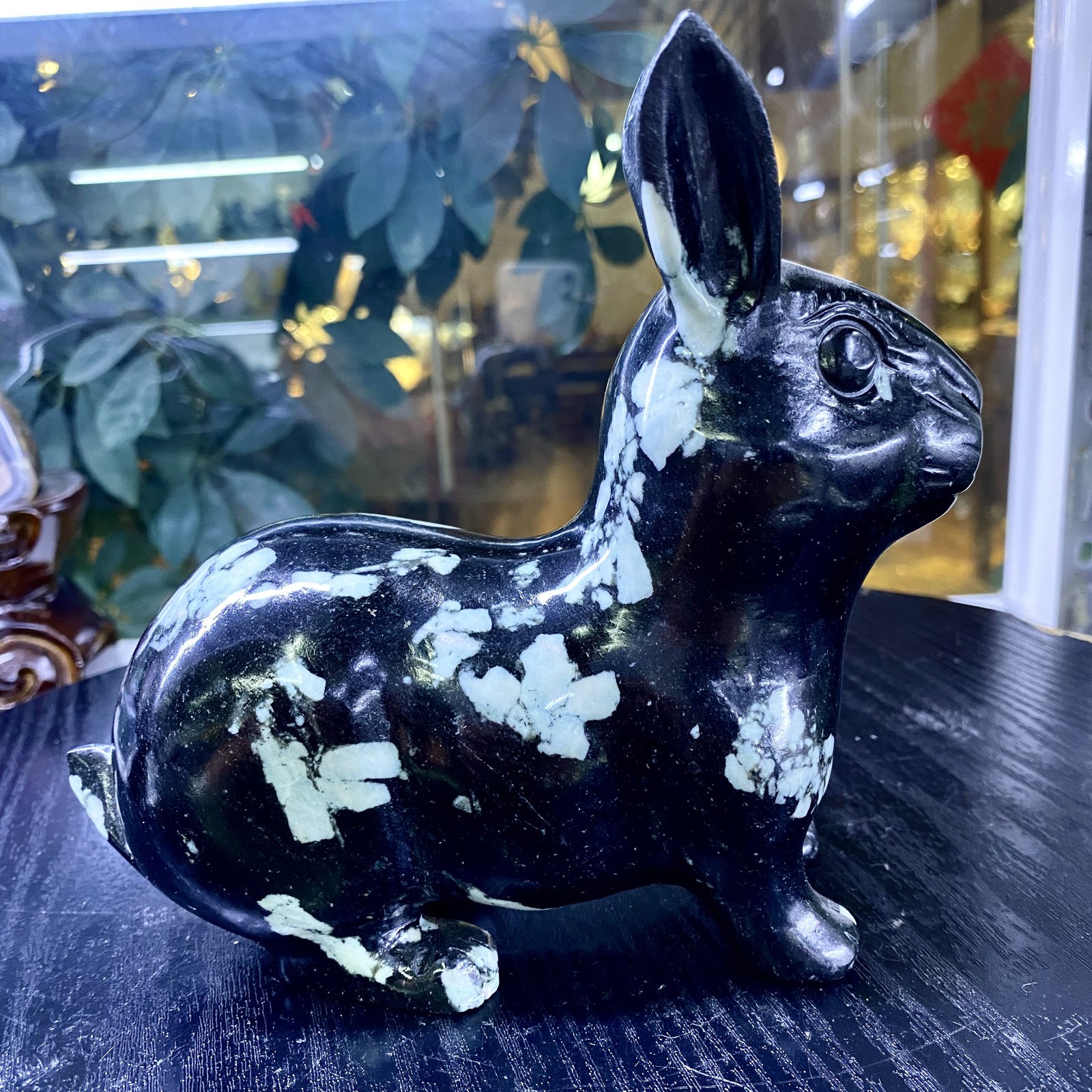 3.3LB Natural Black peony stone Quartz Hand Carved rabbit Skull Reiki Gem Decor