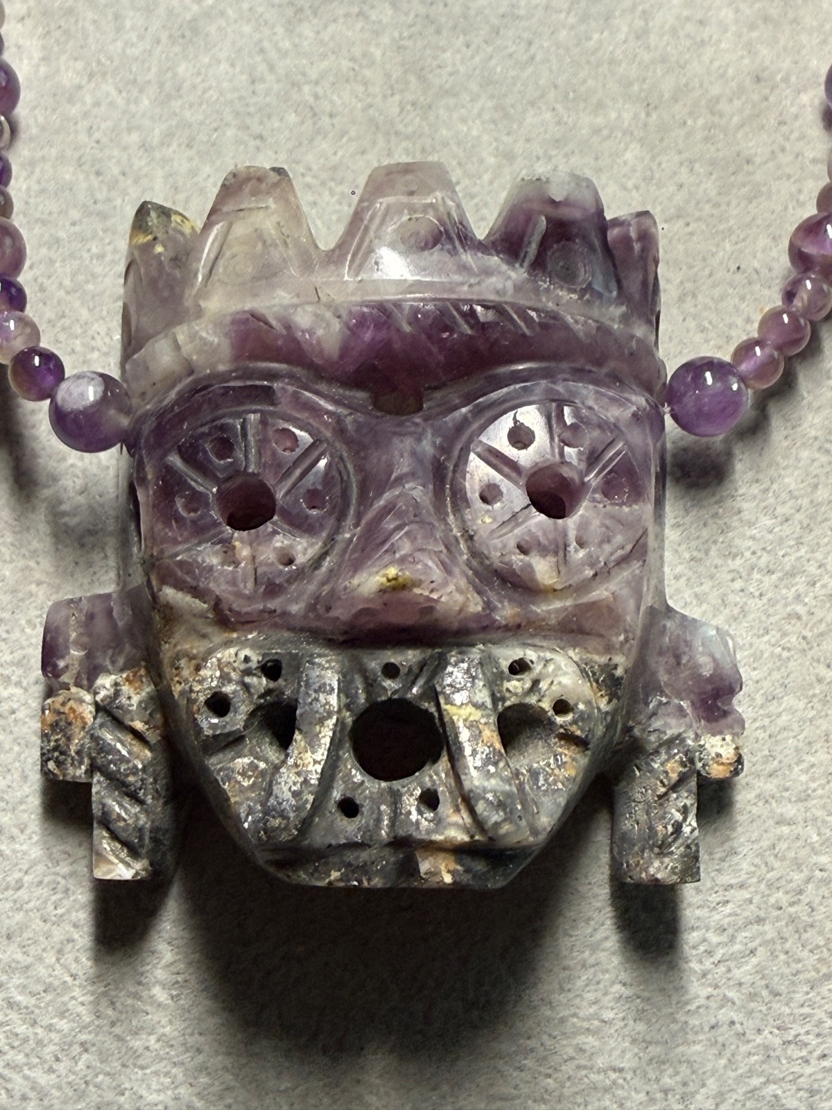 Rare Amethyst Tlaloc Pendant and Beaded Necklace Aztec Mexica Mexican Made #H